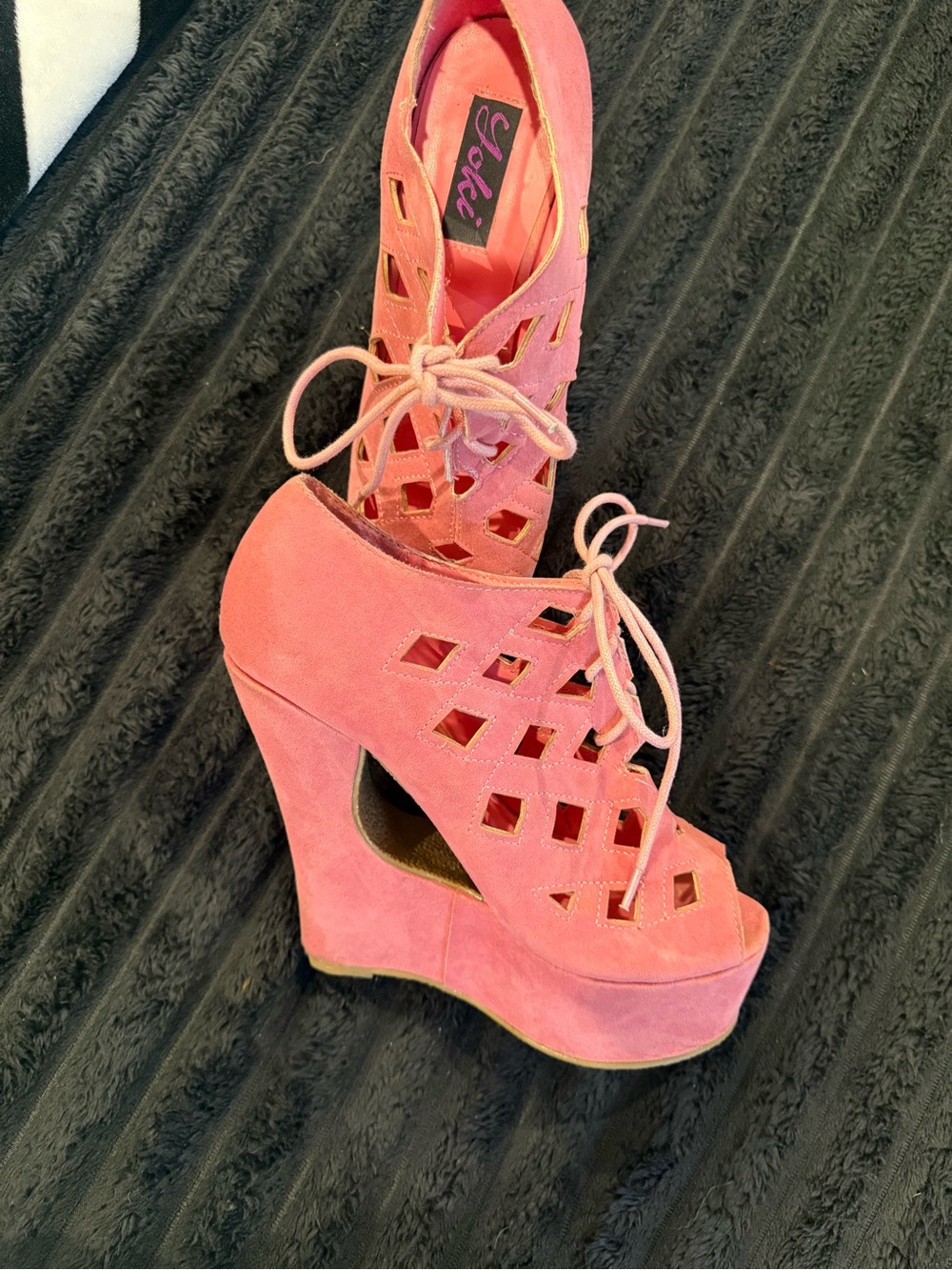 Yoki Coral Pink Lace-Up Cutout Platform Wedge Heels